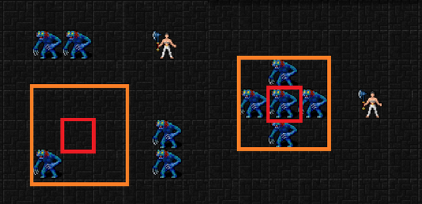 Explosions are aimed at a tile that's 1. 3 tiles away, and 2. closest to "center of monster mass". Red square: Center of mass. Orange square: Area that explosions will always hit, for a given center.
