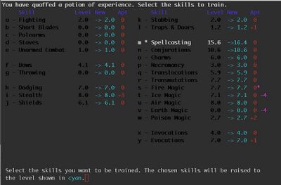 When quaffing a potion of experience, you'll be taken to a screen that looks something like this.
